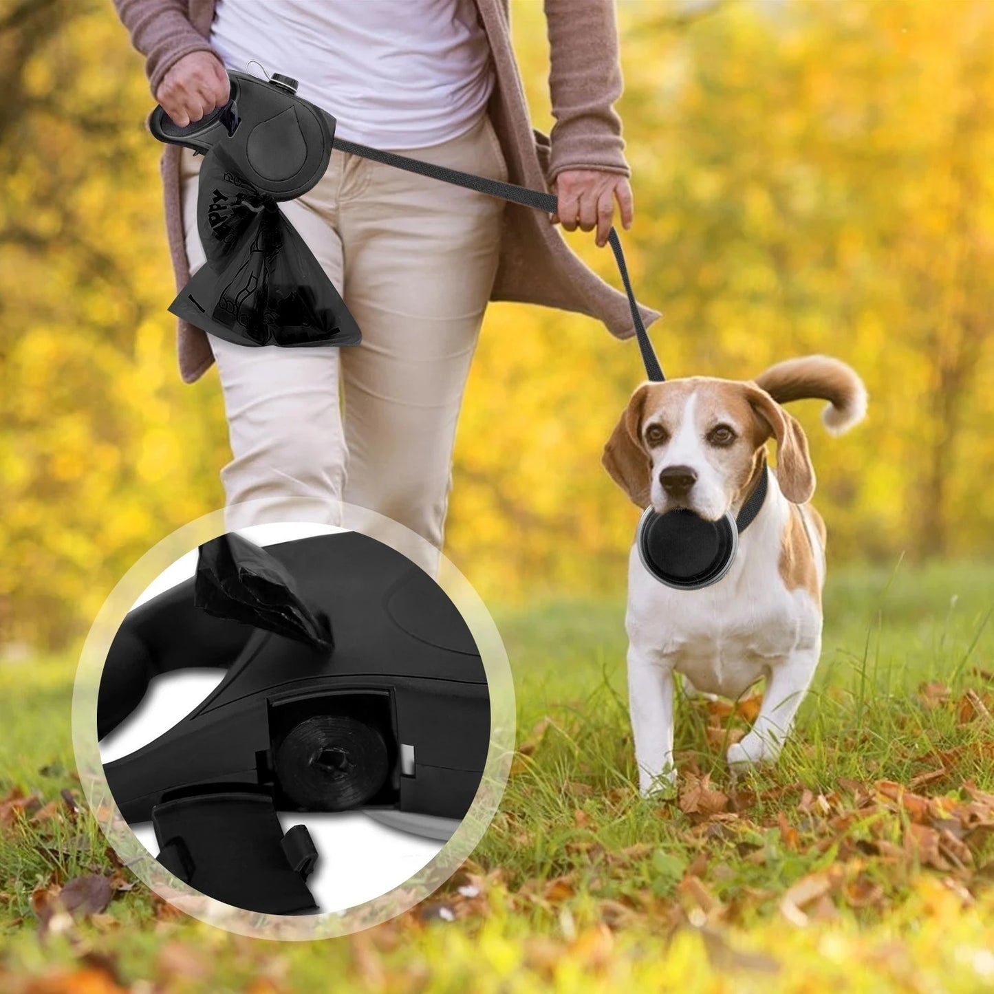 Ultimate 360° Retractable Dog Leash – No-Tangle, LED Light, & Built-in Waste Bag Holder