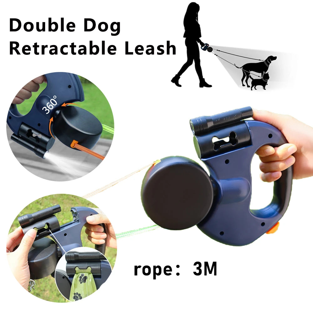 360° Tangle-Free Dual Retractable Dog Leash with LED & Independent Braking